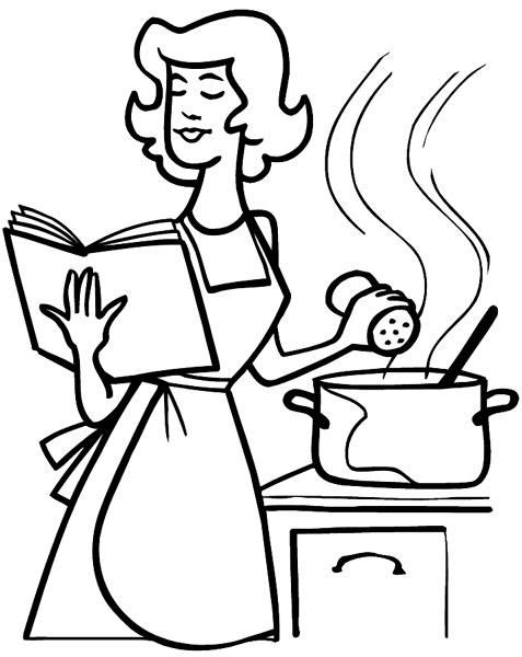 Lady cooking from a recipe book vinyl sticker. Customize on line. Hobbies 062-0105
